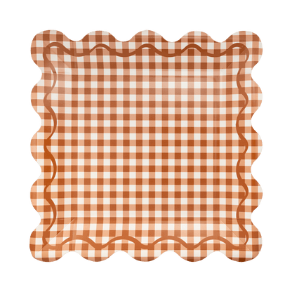GBL1343 - Rust Gingham Scalloped Square Paper Plates - Bria Blair Creative