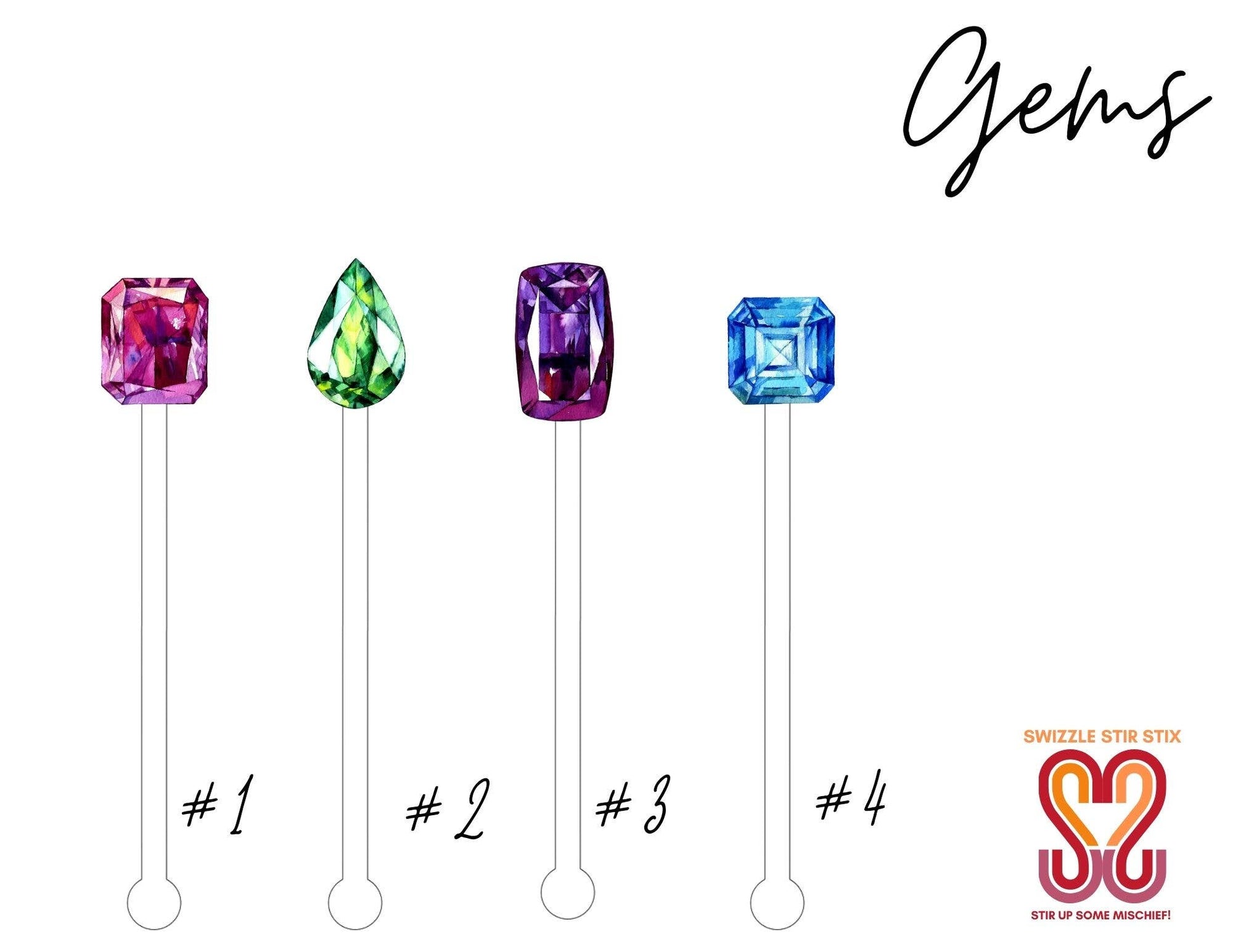 Gems 4 piece Assorted Set - Cocktail Stirrer - Drink Stir Sticks - Swizzle Sticks - Bria Blair Creative