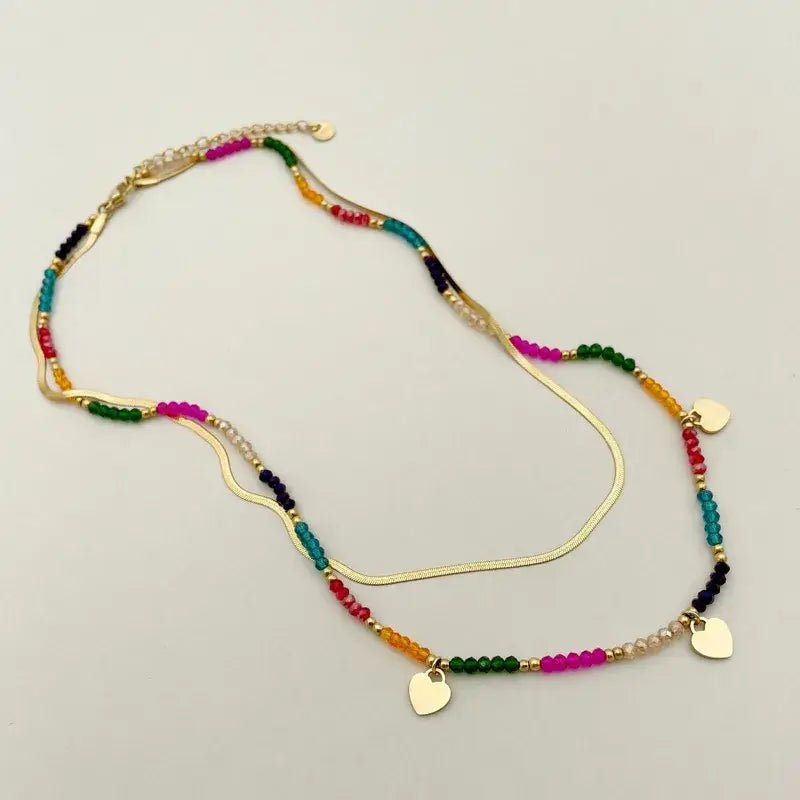 Gold Double Layer Mulitcolor Beaded Necklace with Hearts - Bria Blair Creative