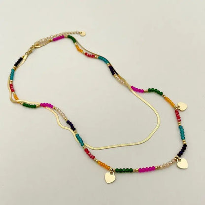 Gold Double Layer Mulitcolor Beaded Necklace with Hearts - Bria Blair Creative