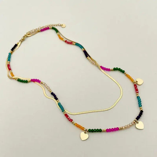 Gold Double Layer Mulitcolor Beaded Necklace with Hearts - Bria Blair Creative