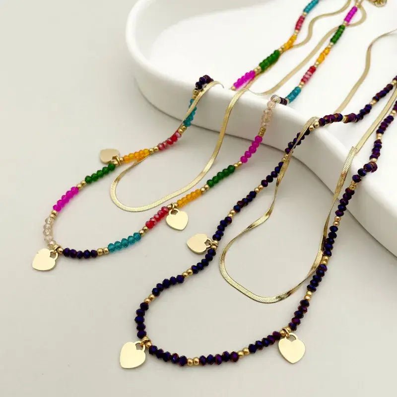 Gold Double Layer Mulitcolor Beaded Necklace with Hearts - Bria Blair Creative