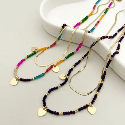 Gold Double Layer Mulitcolor Beaded Necklace with Hearts - Bria Blair Creative