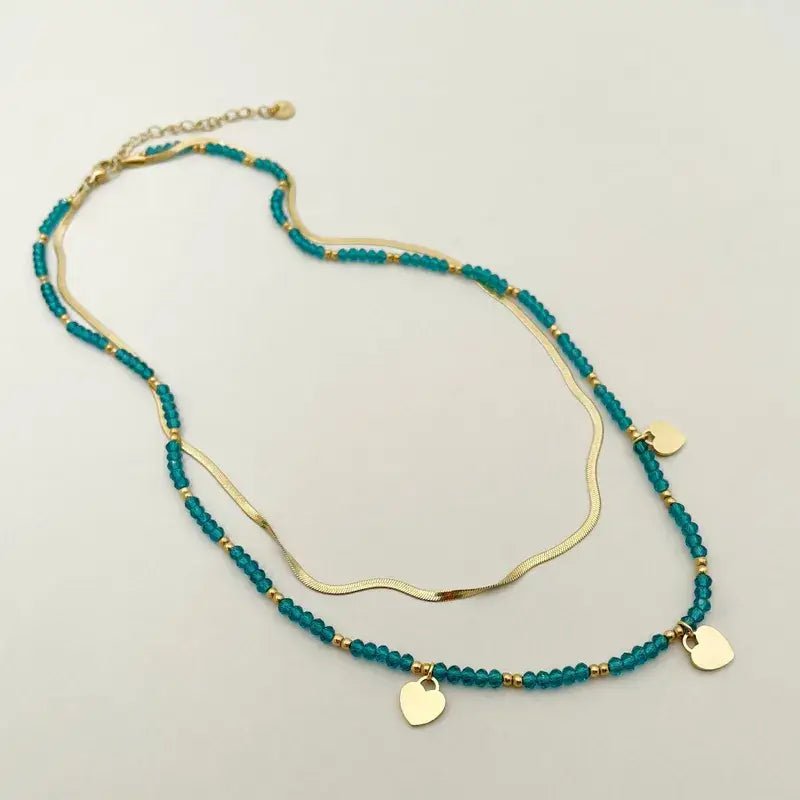 Gold Double Layer Mulitcolor Beaded Necklace with Hearts - Bria Blair Creative