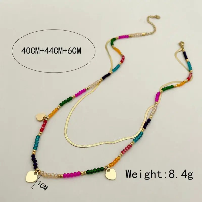 Gold Double Layer Mulitcolor Beaded Necklace with Hearts - Bria Blair Creative