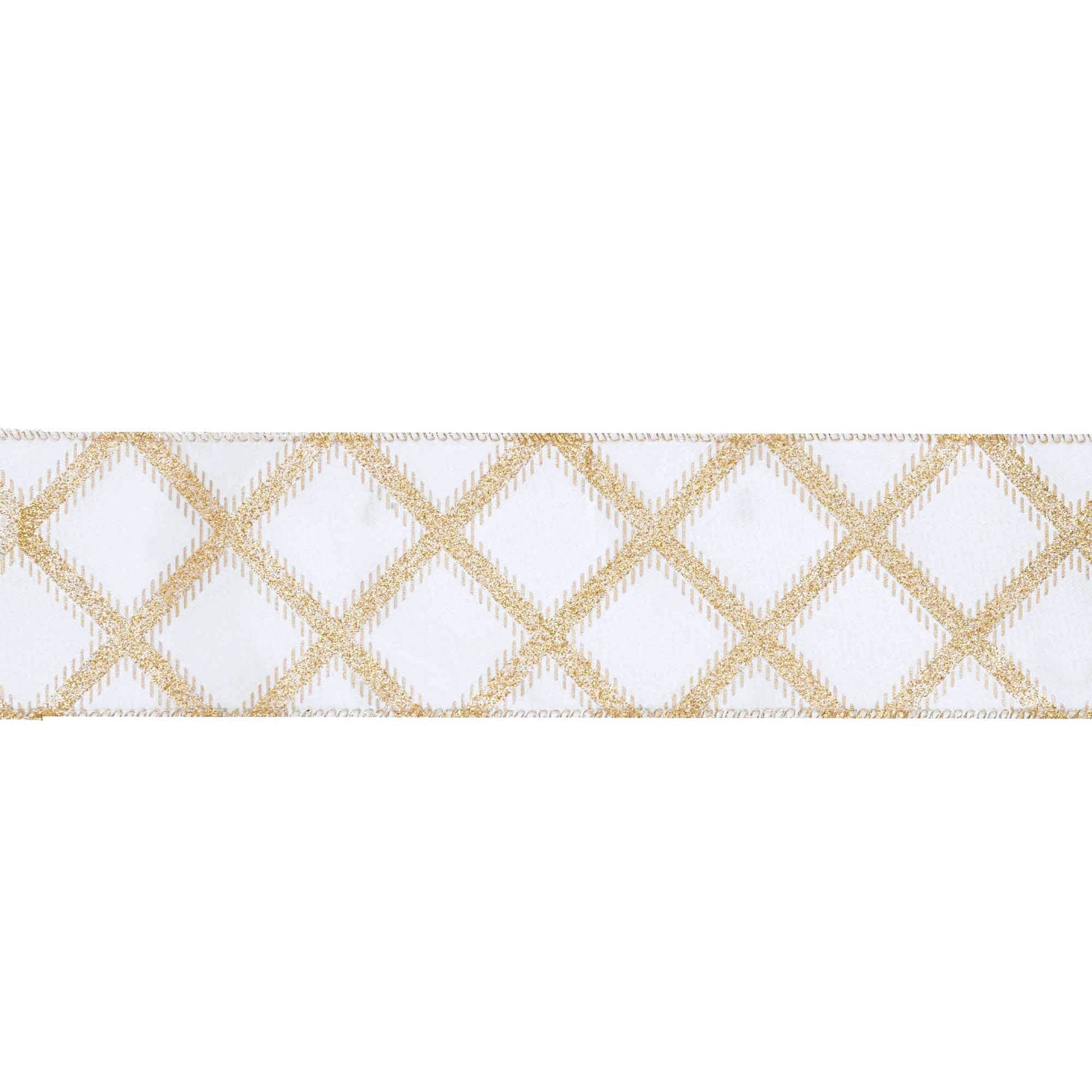 Gold Glitter Diamonds Wired Ribbon on Ivory, 10 Yard Roll - Bria Blair Creative