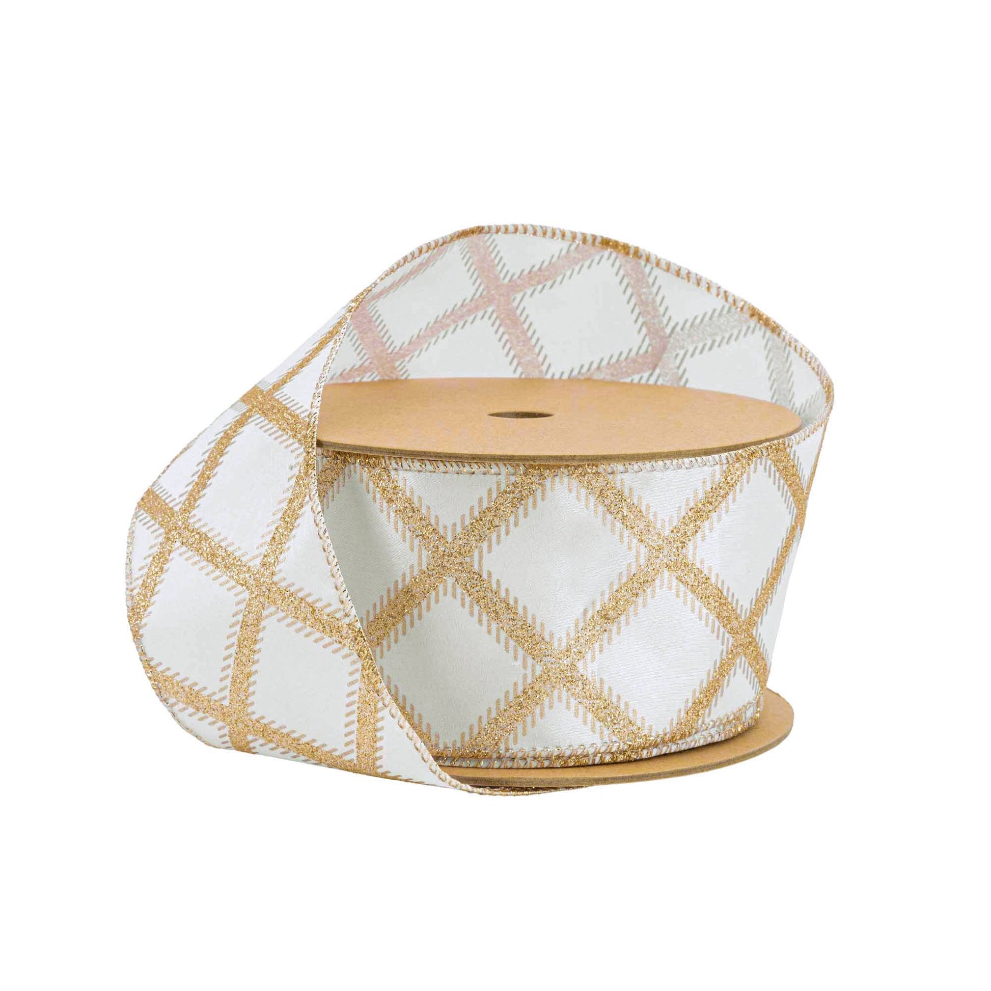 Gold Glitter Diamonds Wired Ribbon on Ivory, 10 Yard Roll - Bria Blair Creative