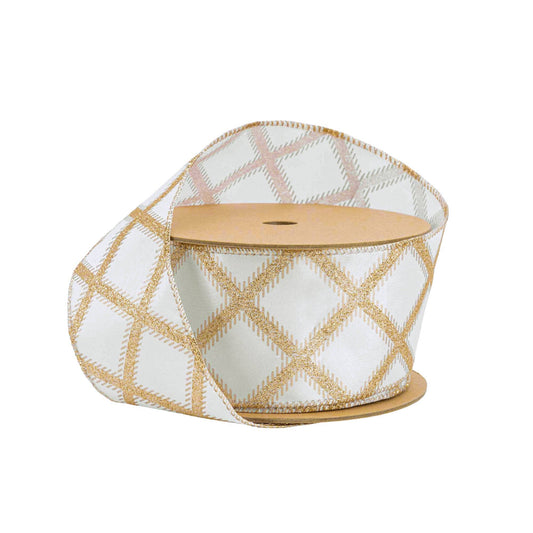 Gold Glitter Diamonds Wired Ribbon on Ivory, 10 Yard Roll - Bria Blair Creative
