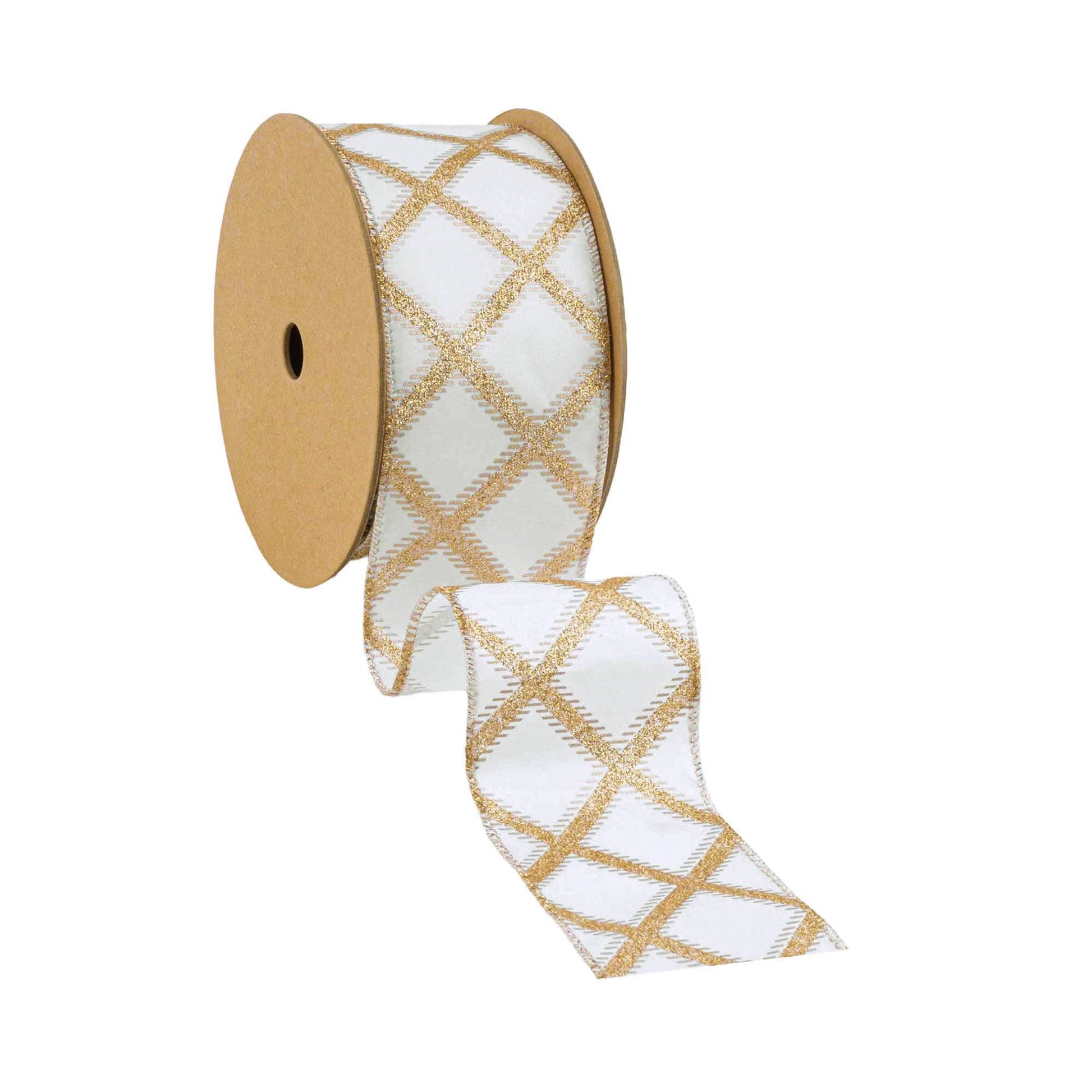 Gold Glitter Diamonds Wired Ribbon on Ivory, 10 Yard Roll - Bria Blair Creative
