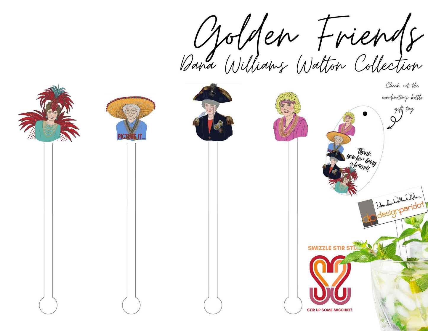 Golden Friends - Drink Swizzle - 4 piece set - Golden Girls - Bria Blair Creative