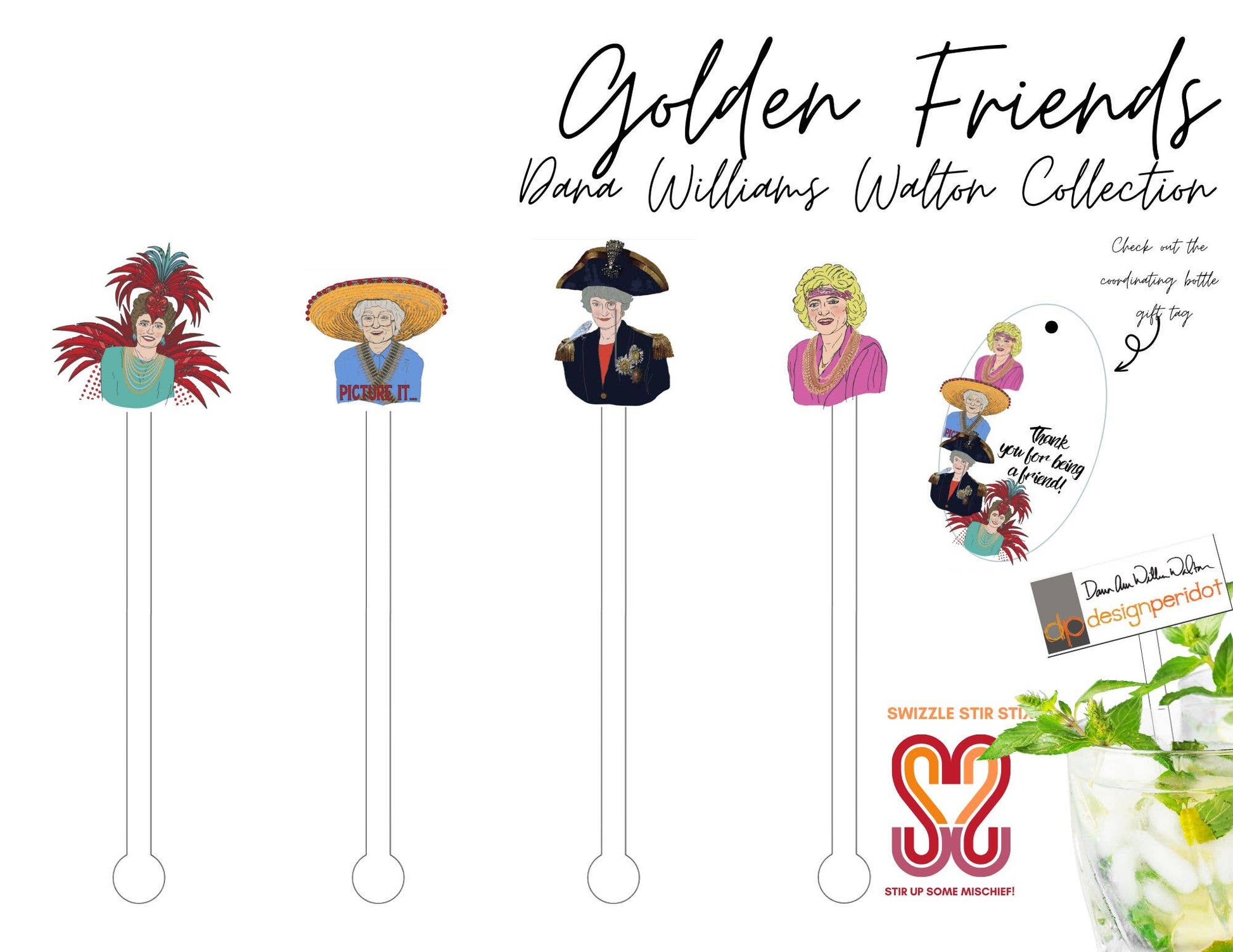 Golden Friends - Drink Swizzle - 4 piece set - Golden Girls - Bria Blair Creative