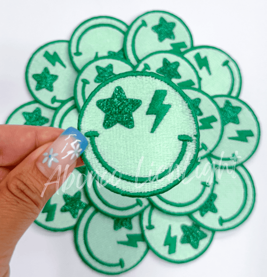 Green glitter star bolt smiley face patch iron on - Bria Blair Creative