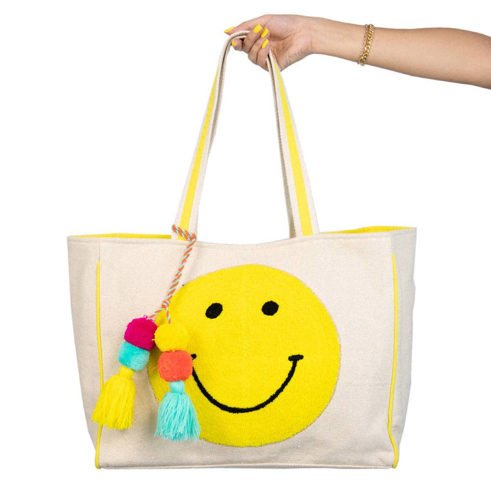 Happy Face Chenille Patch Canvas Big Tote Bags: Beige Canvas - Bria Blair Creative