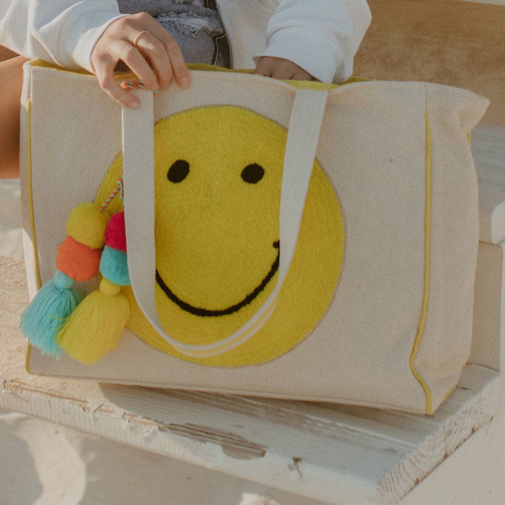 Happy Face Chenille Patch Canvas Big Tote Bags: Beige Canvas - Bria Blair Creative