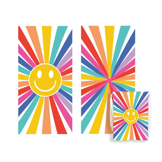 Happy Face Sunshine Quick Dry Beach Towels: Rainbow / OS - Bria Blair Creative