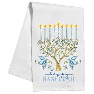 Happy Hanukkah Floral Menorah with Blue Birds Kitchen Towel - Bria Blair Creative