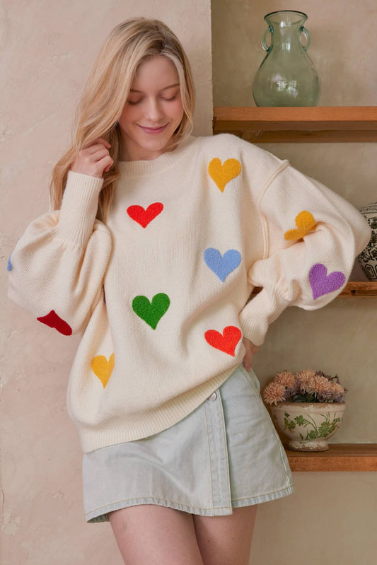 Heart Shaped Patterns Front Round Neck Sweater: Cream / M - Bria Blair Creative