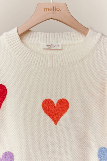 Heart Shaped Patterns Front Round Neck Sweater: Cream / S - Bria Blair Creative