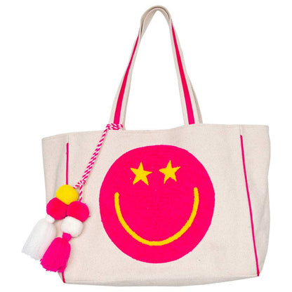 Hot Pink Star Eye Happy Face Tote Bag for Women: Beige Canvas - Bria Blair Creative