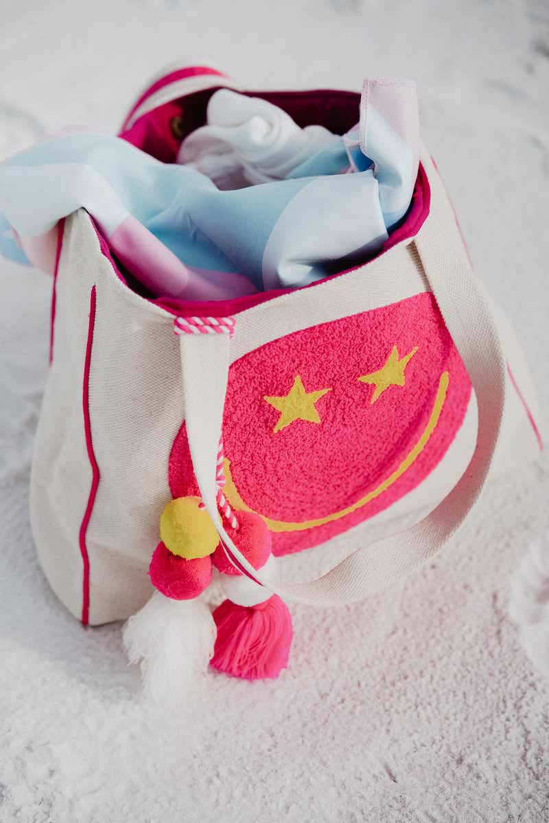 Hot Pink Star Eye Happy Face Tote Bag for Women: Beige Canvas - Bria Blair Creative