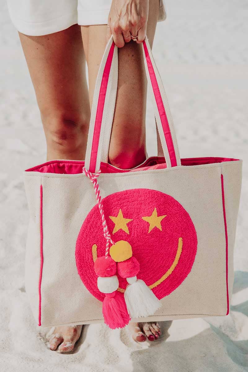 Hot Pink Star Eye Happy Face Tote Bag for Women: Beige Canvas - Bria Blair Creative