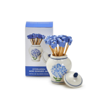 Hydrangea Ginger Jar with 20 Flower Shape Cocktail Picks in Gift Box - Ceramic/Bamboo - Bria Blair Creative