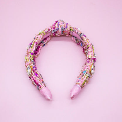 Kids Knot Headband - Embellished Rhinestone Pearl Tweed: Pink - Bria Blair Creative