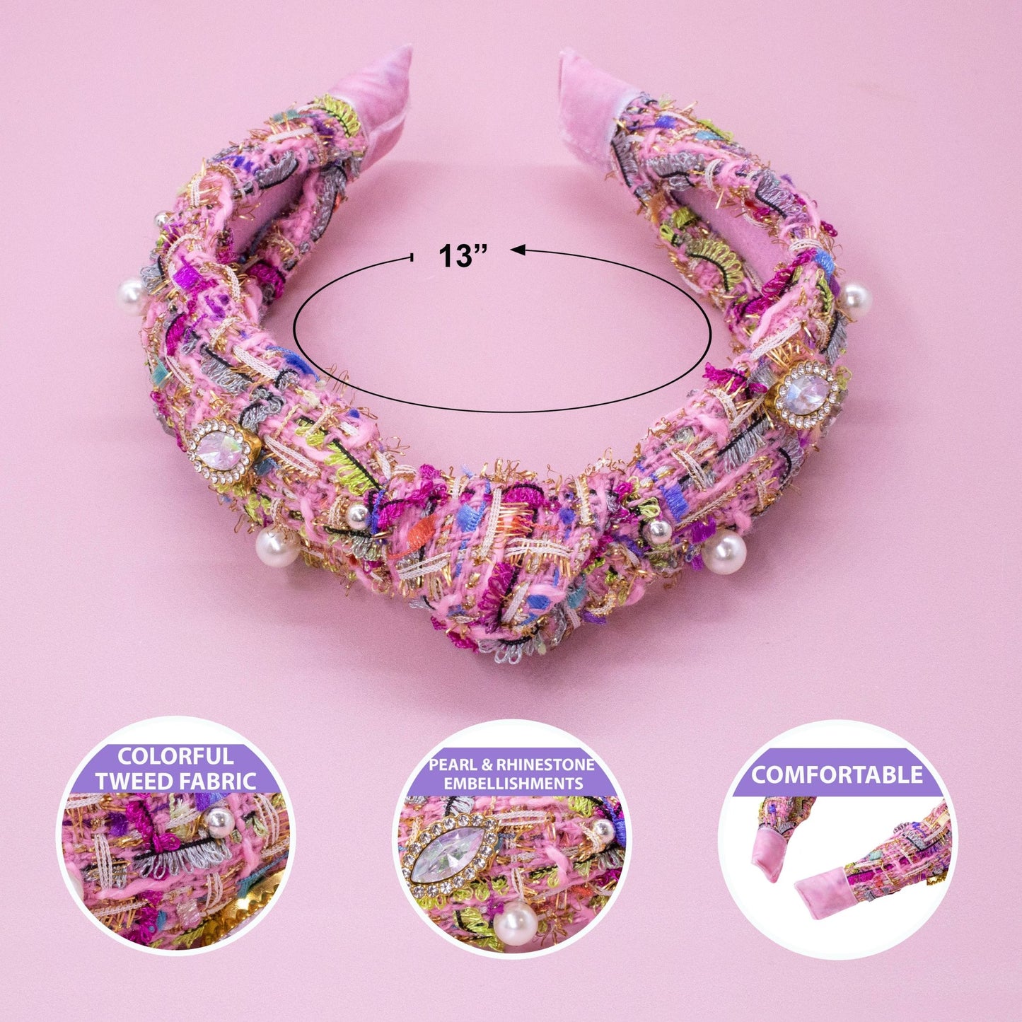 Kids Knot Headband - Embellished Rhinestone Pearl Tweed: Pink - Bria Blair Creative