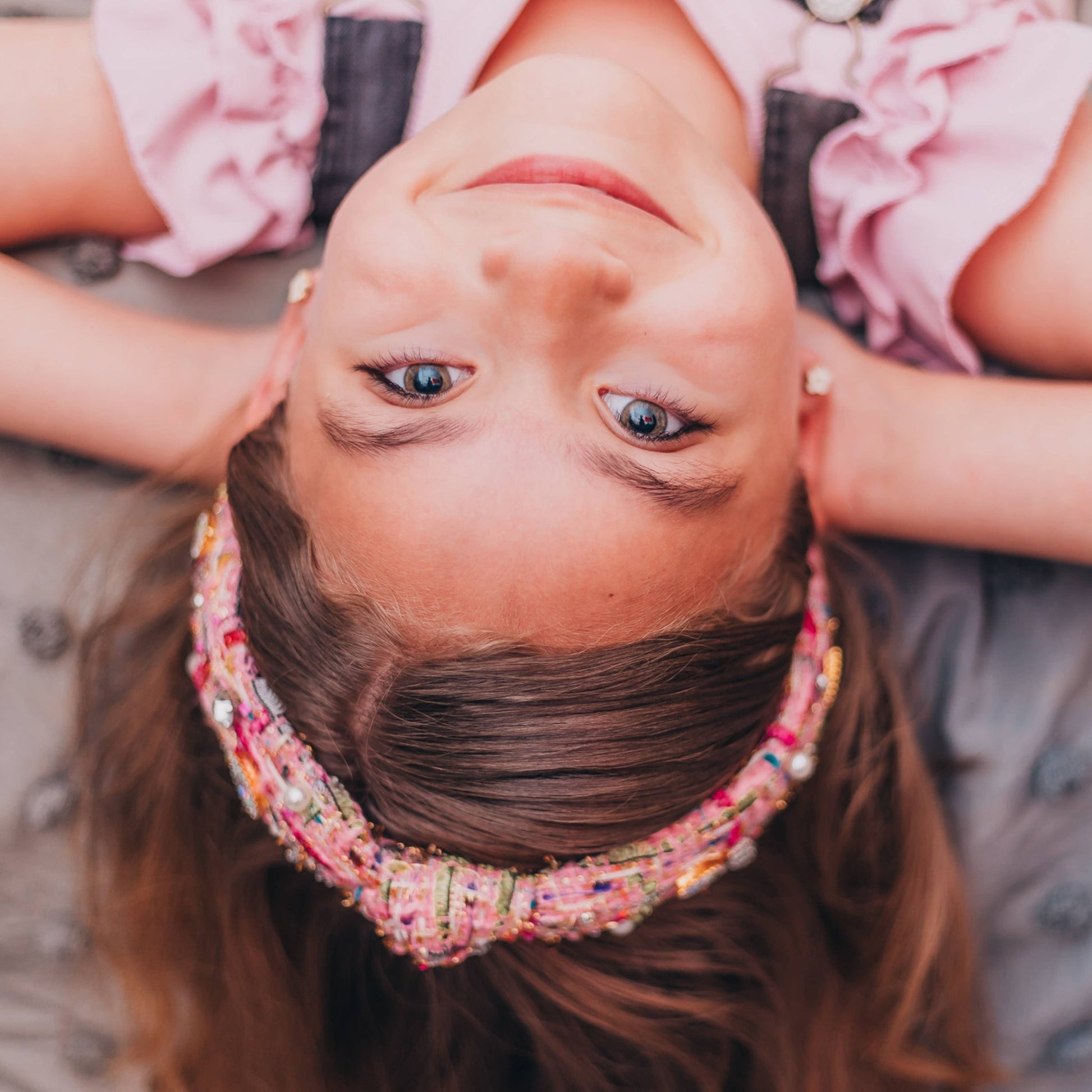 Kids Knot Headband - Embellished Rhinestone Pearl Tweed: Pink - Bria Blair Creative