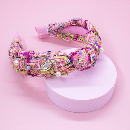 Kids Knot Headband - Embellished Rhinestone Pearl Tweed: Pink - Bria Blair Creative