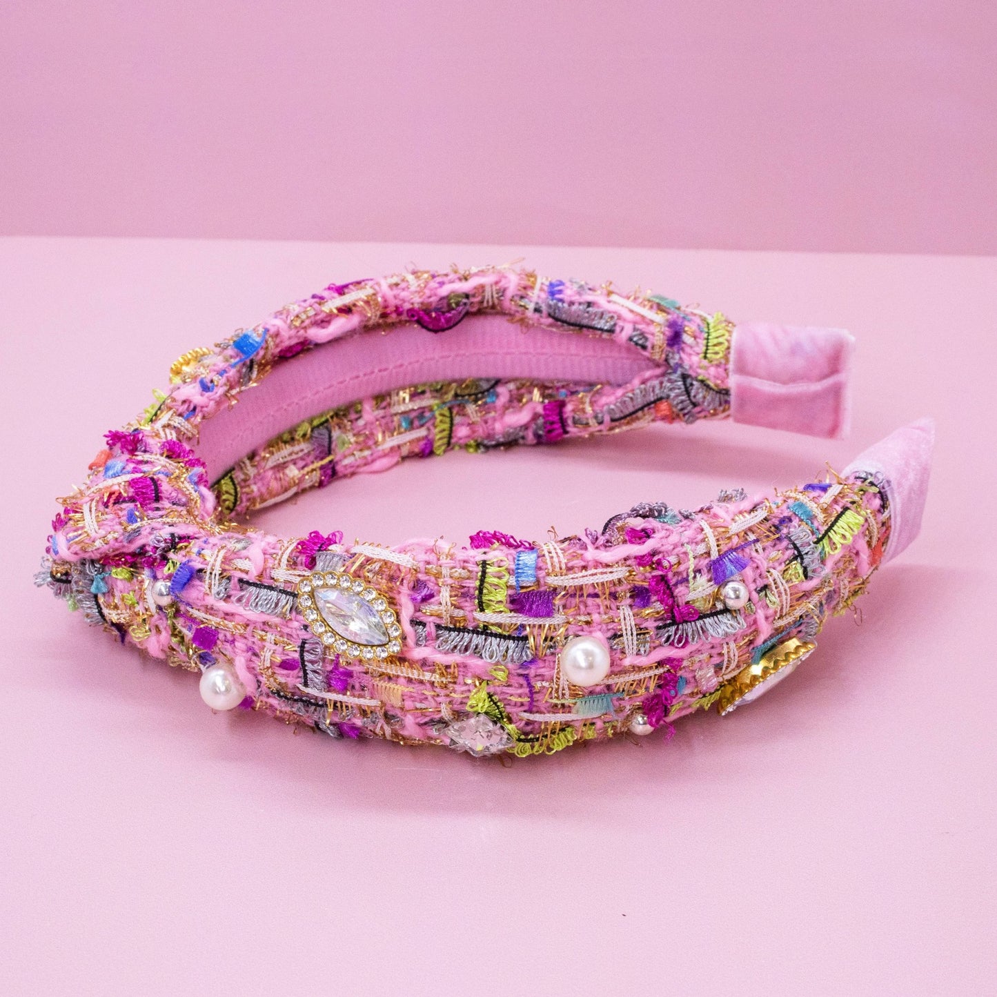 Kids Knot Headband - Embellished Rhinestone Pearl Tweed: Pink - Bria Blair Creative
