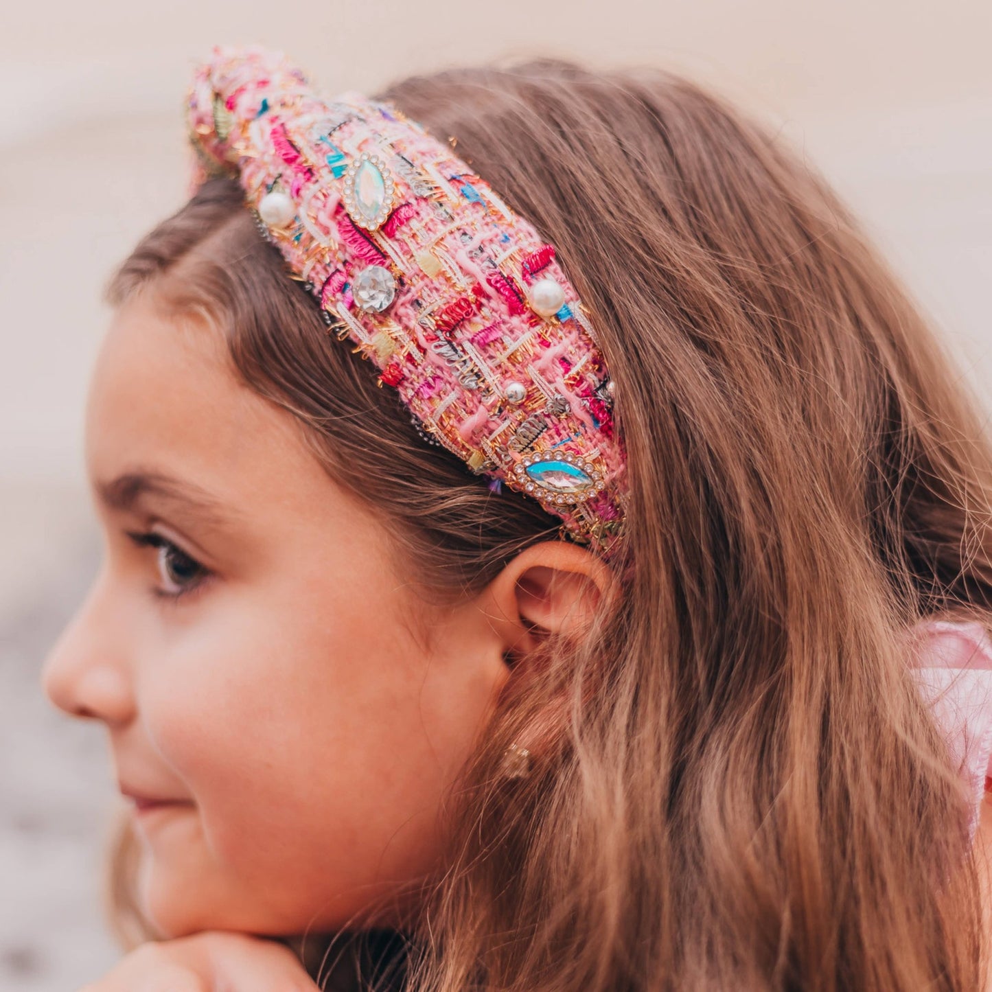 Kids Knot Headband - Embellished Rhinestone Pearl Tweed: Pink - Bria Blair Creative