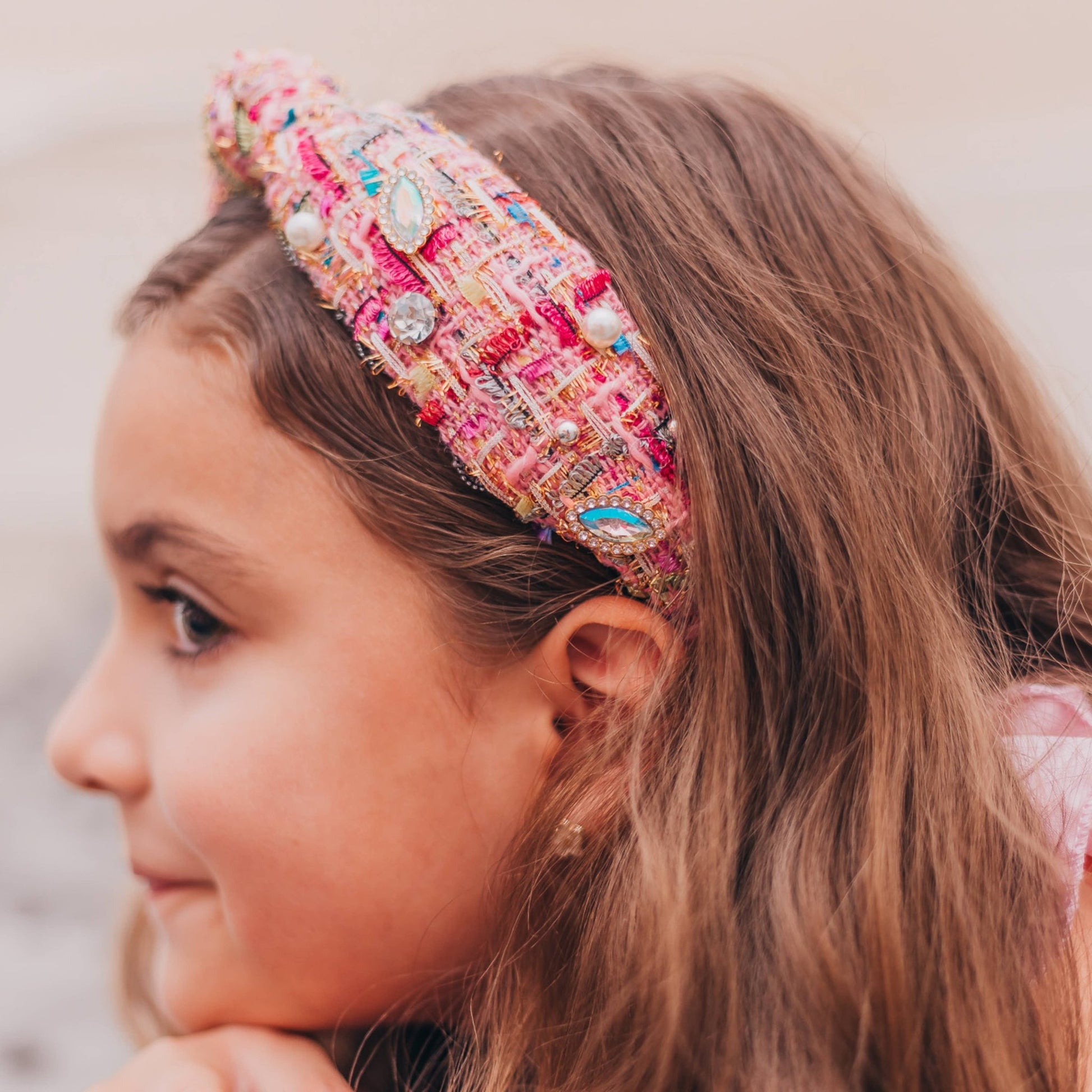Kids Knot Headband - Embellished Rhinestone Pearl Tweed: Pink - Bria Blair Creative