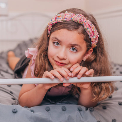 Kids Knot Headband - Embellished Rhinestone Pearl Tweed: Pink - Bria Blair Creative