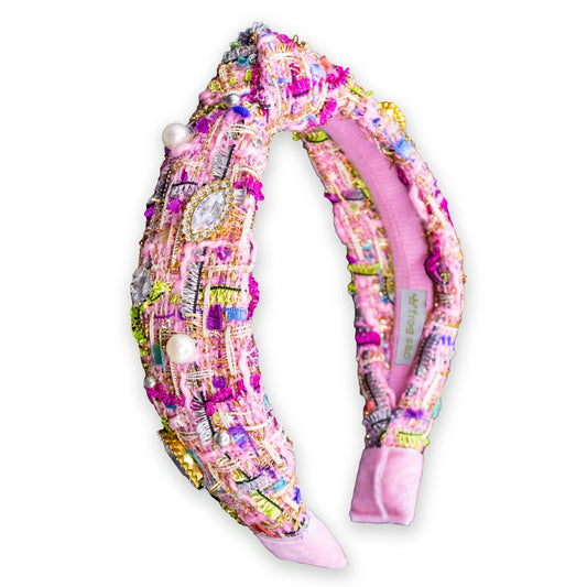 Kids Knot Headband - Embellished Rhinestone Pearl Tweed: Pink - Bria Blair Creative