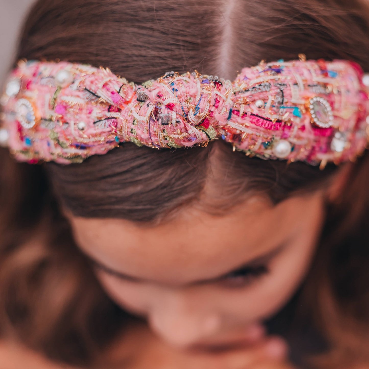 Kids Knot Headband - Embellished Rhinestone Pearl Tweed: Pink - Bria Blair Creative