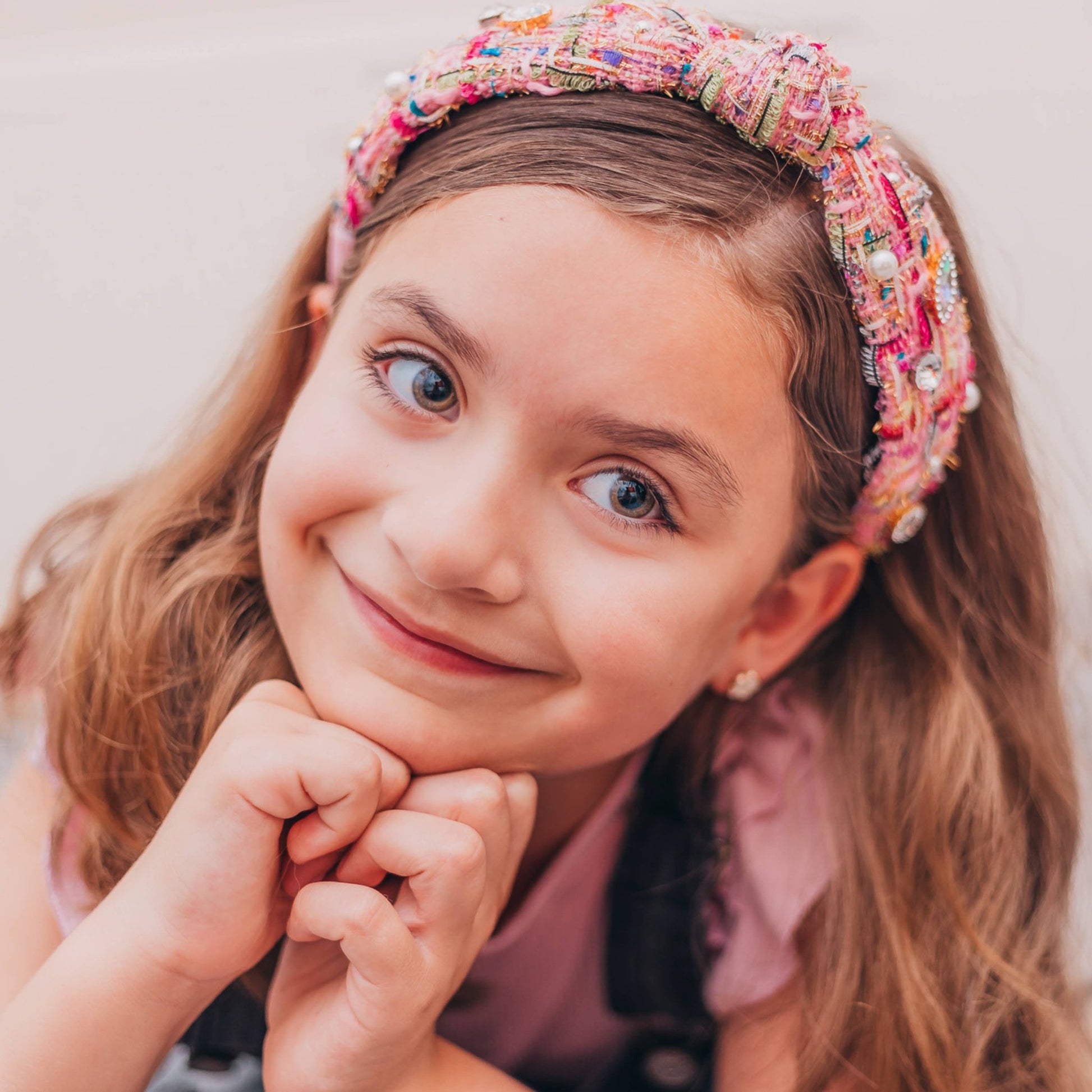 Kids Knot Headband - Embellished Rhinestone Pearl Tweed: Pink - Bria Blair Creative