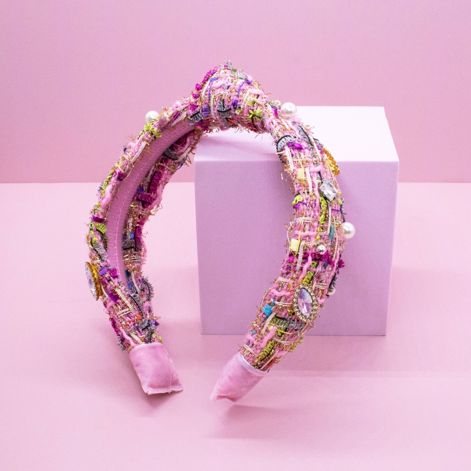 Kids Knot Headband - Embellished Rhinestone Pearl Tweed: Pink - Bria Blair Creative