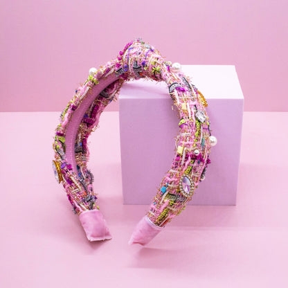 Kids Knot Headband - Embellished Rhinestone Pearl Tweed: Pink - Bria Blair Creative