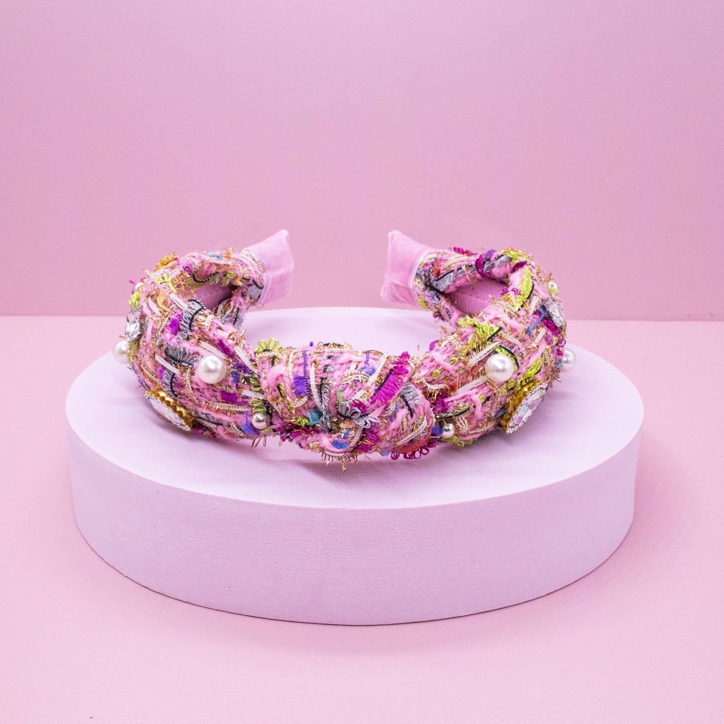 Kids Knot Headband - Embellished Rhinestone Pearl Tweed: Pink - Bria Blair Creative