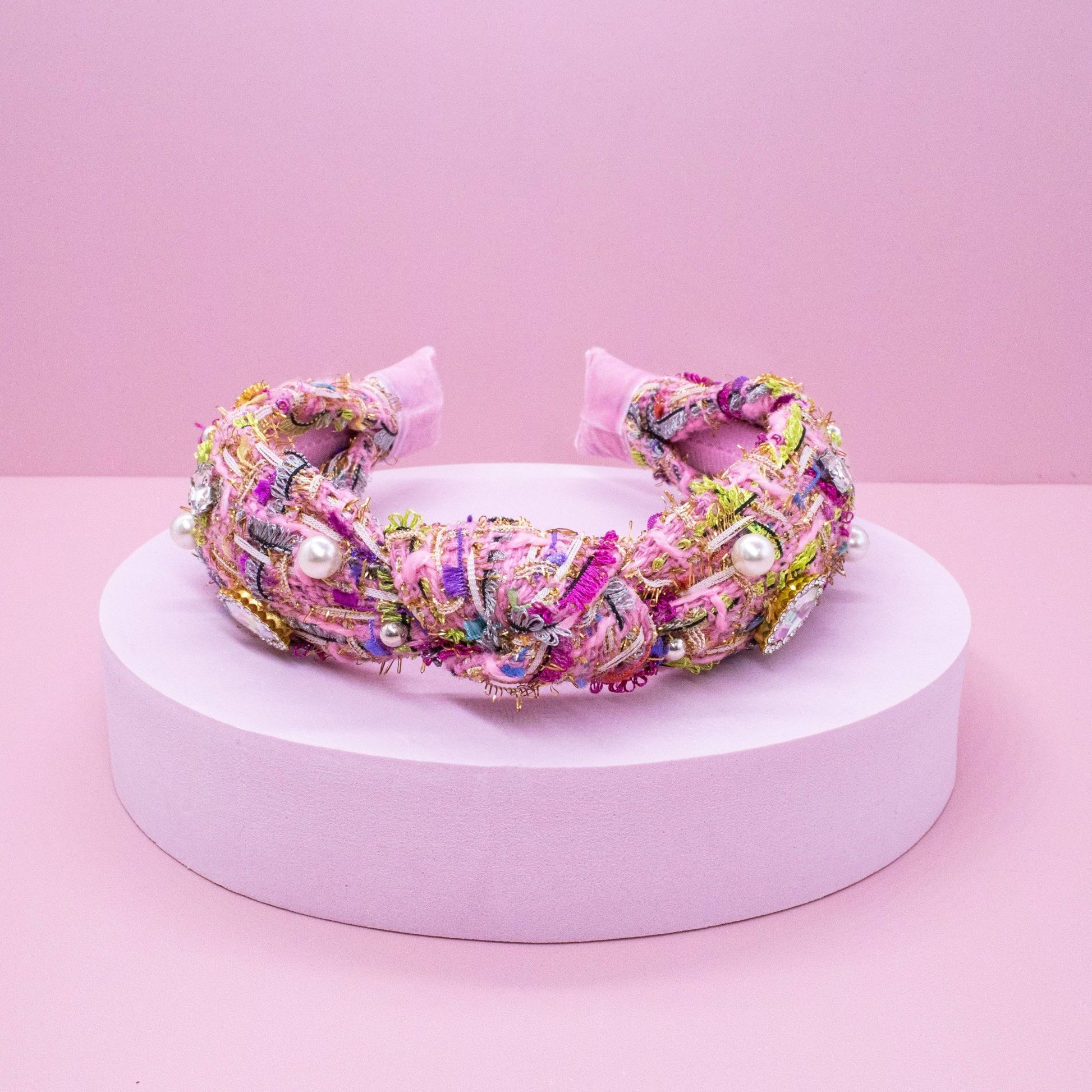 Kids Knot Headband - Embellished Rhinestone Pearl Tweed: Pink - Bria Blair Creative