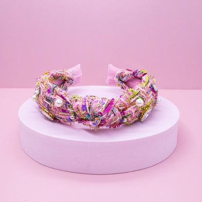 Kids Knot Headband - Embellished Rhinestone Pearl Tweed: Pink - Bria Blair Creative