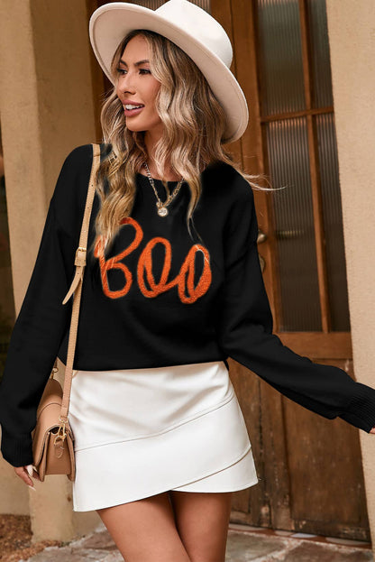 LDC Boo Knitted Fall Clothing Pattern Ribbed Edge Sweater: Black / M - Bria Blair Creative