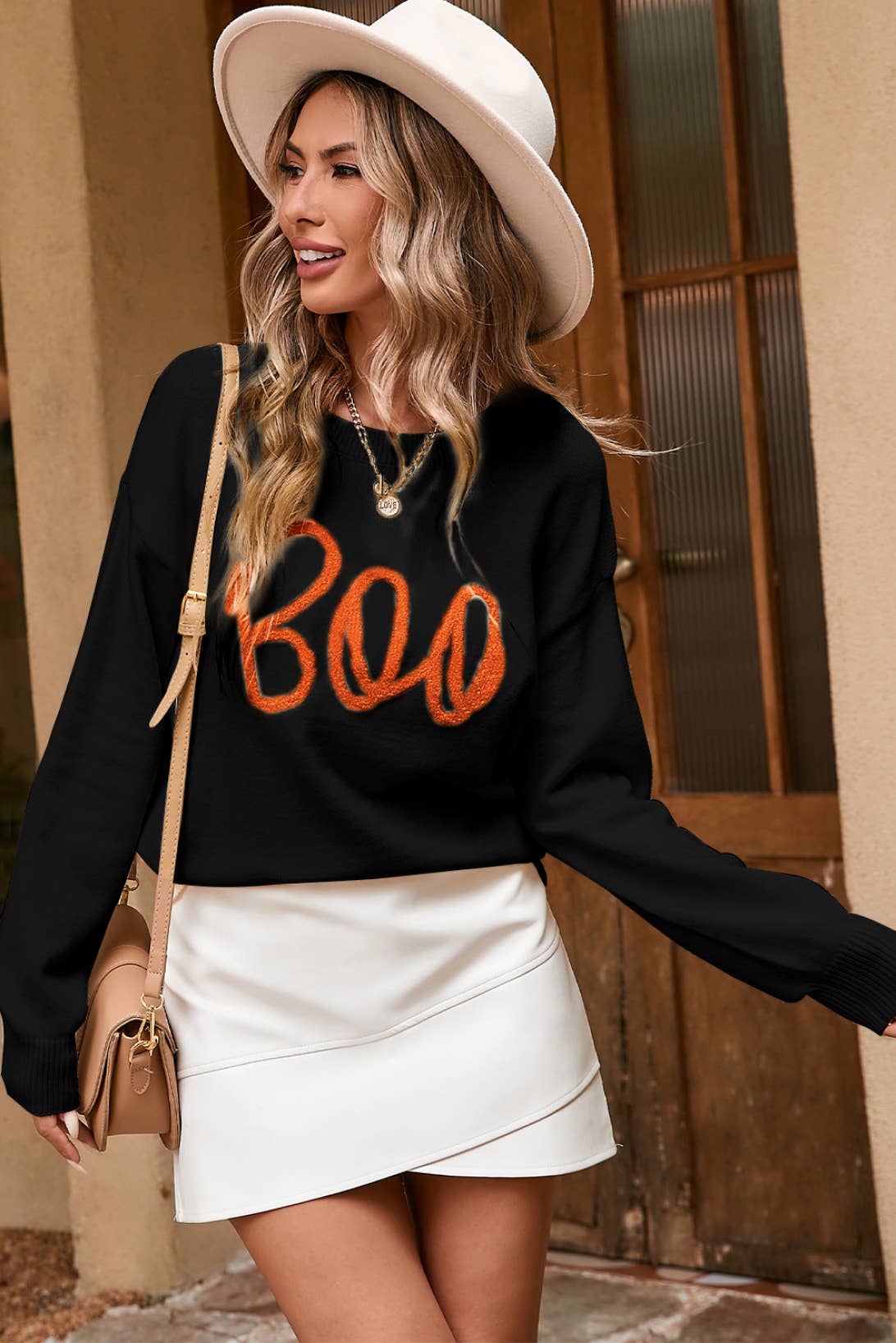 LDC Boo Knitted Fall Clothing Pattern Ribbed Edge Sweater: Black / XL - Bria Blair Creative