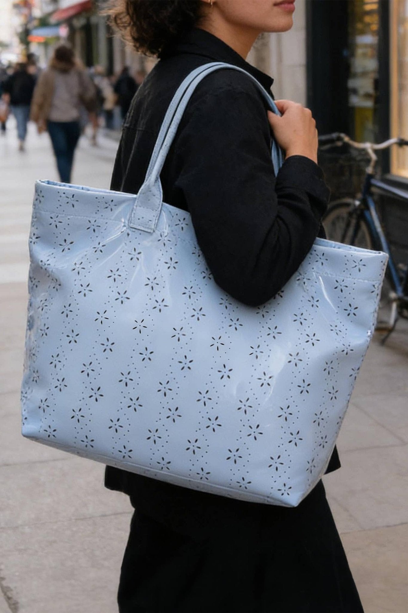 LDC Eyelet Flower Pattern PVC Glossy Waterproof Tote Bag: Color black / One Size - Bria Blair Creative