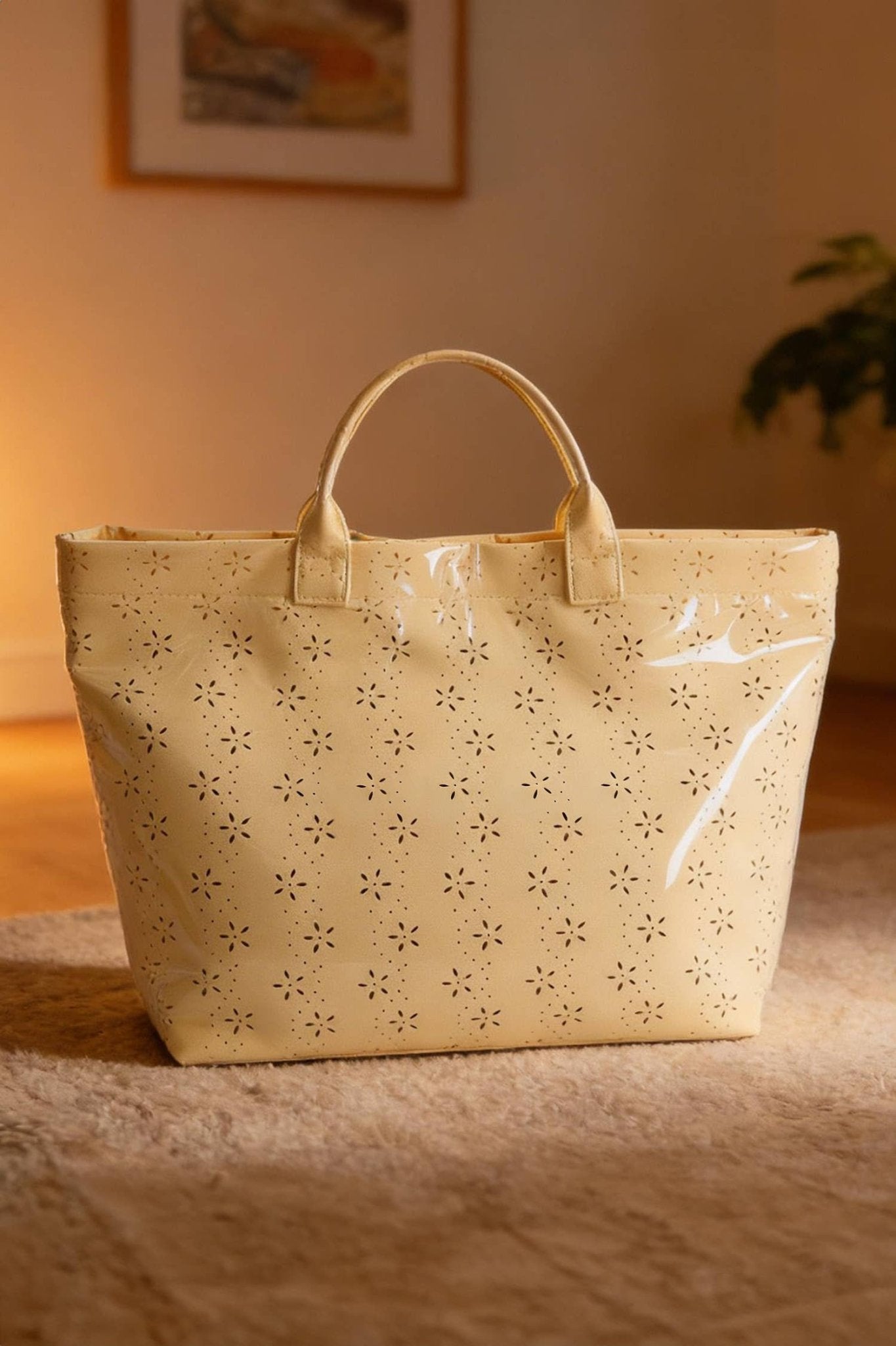 LDC Eyelet Flower Pattern PVC Glossy Waterproof Tote Bag: Color black / One Size - Bria Blair Creative