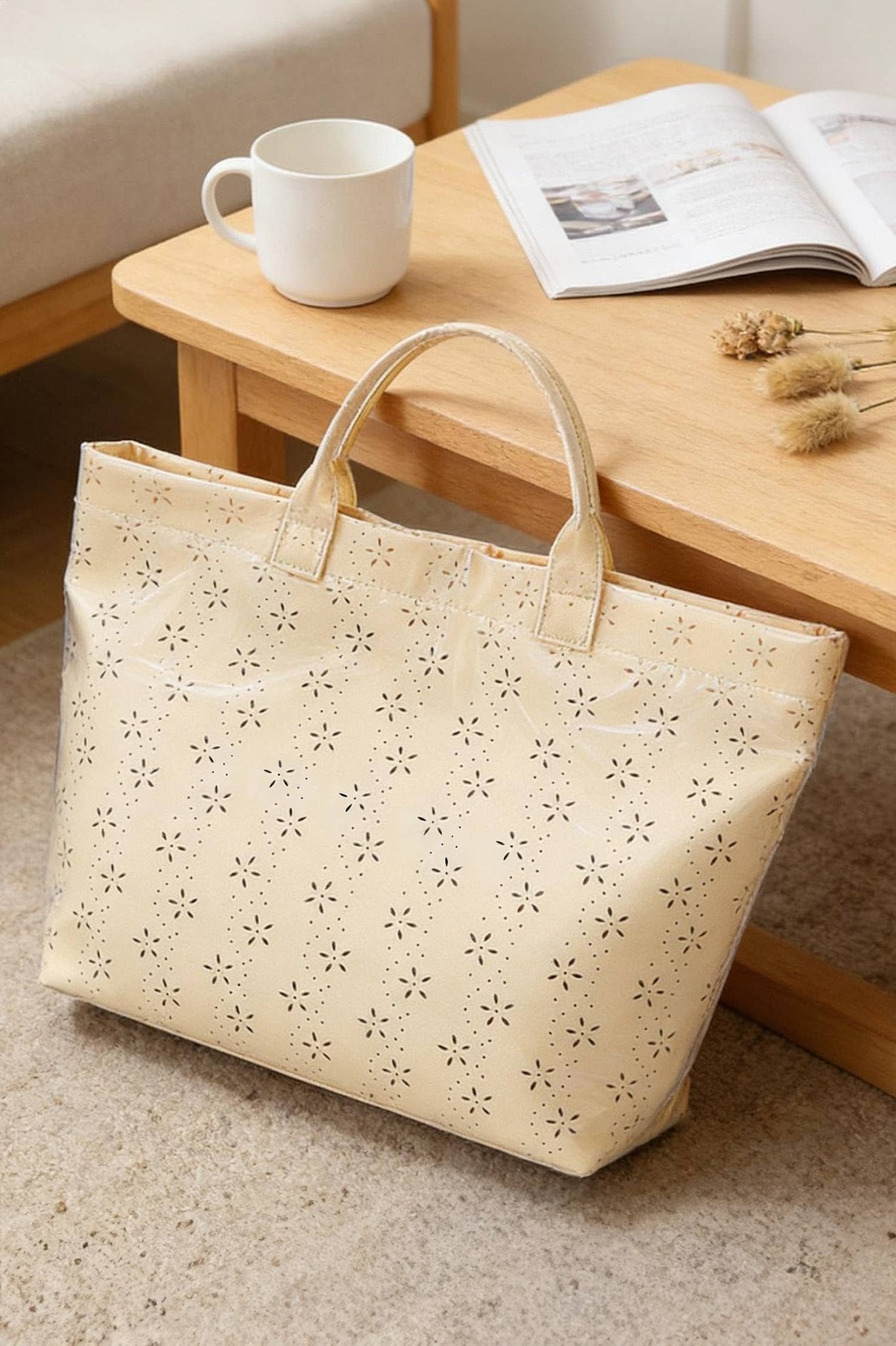 LDC Eyelet Flower Pattern PVC Glossy Waterproof Tote Bag: Color black / One Size - Bria Blair Creative
