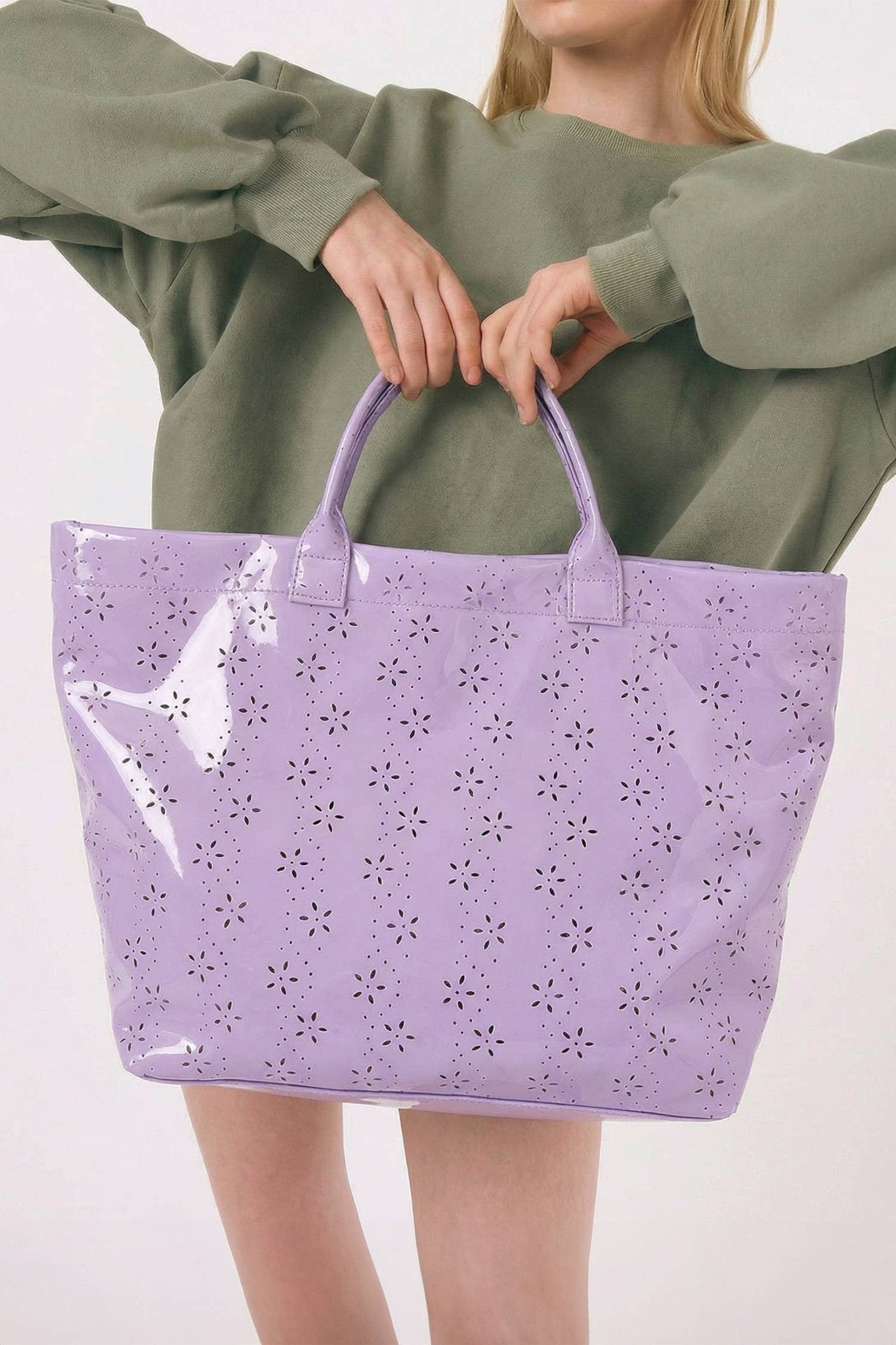 LDC Eyelet Flower Pattern PVC Glossy Waterproof Tote Bag: Color black / One Size - Bria Blair Creative