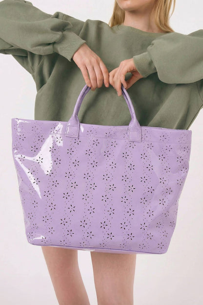 LDC Eyelet Flower Pattern PVC Glossy Waterproof Tote Bag: Color black / One Size - Bria Blair Creative