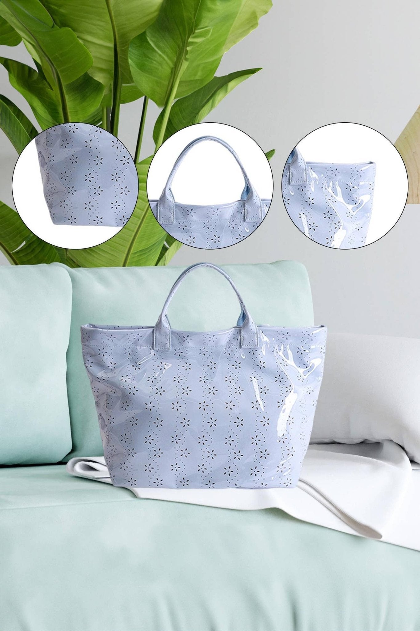 LDC Eyelet Flower Pattern PVC Glossy Waterproof Tote Bag: Color black / One Size - Bria Blair Creative